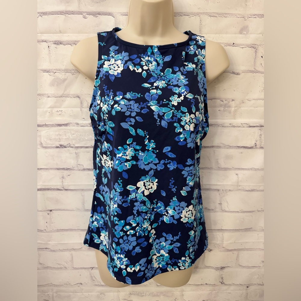 Lands’ End‎ Women’s Size 6 High Neck UPF Modest Tankini Swimsuit Top Blue Floral
